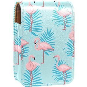 Tropische flamingo blauwe bladeren patroon lipgloss houder lippenstift case draagbare mini lippenstift opbergdoos reizen lippenstift organizer case met spiegel voor vrouwen, Meerkleurig, 9.5x2x7 cm/3.7x0.8x2.7 in