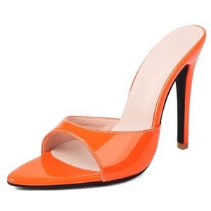 MRKEWUNEY Heeled Muiltjes voor dames Metallic Slip On Muiltjes Backless Stiletto Pointed Open Teen Bruiloft Partij Dress Sandalen Slide sandalen Avond Partij Schoenen Orange Szie 46