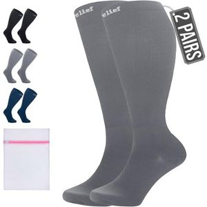 360 Relief 2 Paar Compressiesokken Dammes en Herren - Effen Kleuren Compressiekousen voor Sport, Hardlopen, Vliegen, Reizen, Joggen, Fietsen, Werk - Grijs S/M Kniehoge sokken met Mesh Waszakje