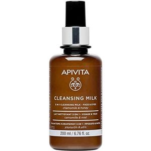 Apivita 3-in-1 melkreiniger voor gezicht en ogen, geschikt voor alle huidtypes, reinigt onzuiverheden en make-up en tonen met Duitse kamille en honing.