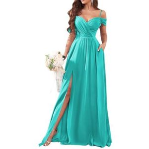 Dames chiffon bruidsmeisjes jurken met split lange galajurken ruches cocktailjurk plus size, Turkoois, 32