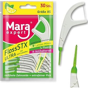 Mara Expert Floss STXX Tandfloss-stick met citroen-mint, fluoride en antibacteriële floss, 30 stuks, tandenstokers met niet-zachte lamellen, interdentale reiniger