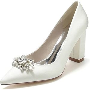 EICOFF Dames Chunky Blokhak Bruids Trouwschoenen Gesloten Puntige Teen Strass Slip-op Hoge Hakken Werk Pumps Jurk Bruiloft Schoenen,ivoor,35 EU