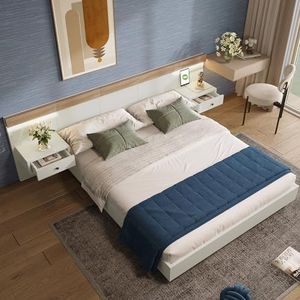 Aunvla Tweepersoonsbed met 2 LED nachtkastje & USB C stopcontact 140 x 200 cm houten bed incl. 2 nachtkastjes slaapkamer compleet-205x244x90,5 cm (L/B/H) set in eiken Sonoma/wit (zonder matras)