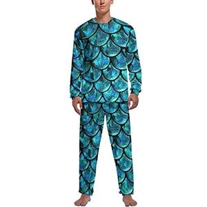 Turquoise Zeemeermin Squama Zachte Heren Pyjama Set Comfortabele Lange Mouw Loungewear Top En Broek Geschenken S