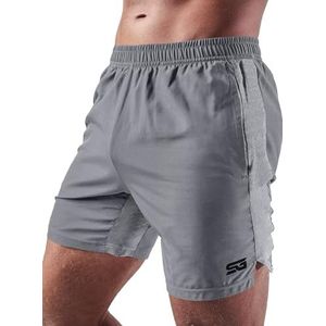 Satire Gym - Korte sportbroek voor heren, met zak, fitnessshorts voor heren, gym & hardloopshorts voor mannen, lichtgrijs, L
