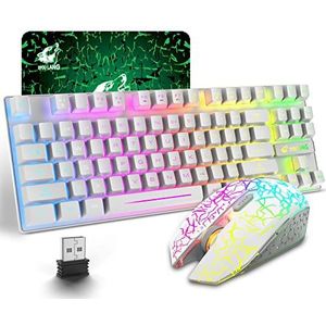 Draadloze gamingtoetsenbord en muiscombinatie, 87 Key Rainbow LED-achtergrondverlichting Oplaadbaar 3800 mAh Ergonomische waterdichte RGB Mute-muizen voor computer-pc-gamer (wit)