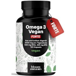 Omega 3-capsules hooggedoseerd FORTE Vegan - 120 capsules - 2000 mg algenolie - 630 mg DHA & 420 mg EPA - Veganistisch & geproduceerd in Duitsland - Laboratoriumgetest