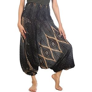 LOFBAZ Harem Yogabroek voor dames, boho, hippie, bohemien, Aladdin Genie Jumpsuit, Bloemen 2 Zwart, 3XL Grote Maten