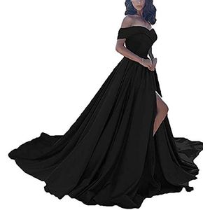 N/ C Dames off-shoulder baljurken satijnen formele avondjurk lange split formele trouwjurk voor junioren galajurken met trein, Zwart, 46