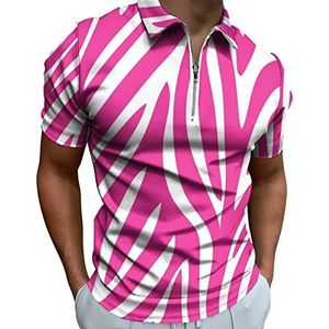 Roze Zebra Print Half Zip-up Polo Shirts Voor Mannen Slim Fit Korte Mouw T-shirt Sneldrogende Golf Tops Tees 2XL