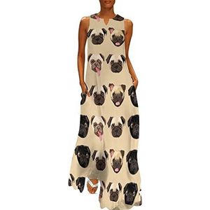 Zwart Geel Bulldog Dames Enkellengte Jurk Slim Fit Mouwloze Maxi Jurken Casual Zonnejurk 5XL