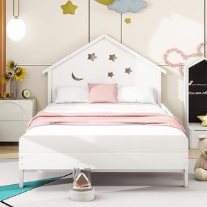 Moimhear Kinderbed, 90 x 200 cm, eenpersoonsmassief houten bed, sterrenmaanpatroon, hoogslaper design (wit)