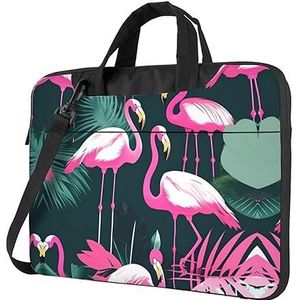 SSIMOO Herfst Country Barn Stijlvolle en Lichtgewicht Laptop Messenger Bag, Handtas, Aktetas, Perfect Voor Zakelijke Reizen, Roze Flamingo en Bladeren, 14 inch