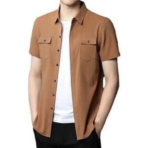 Mannen Korte Mouw Shirt Mannelijke Zomer Mode Koreaanse Straat Casual Losse Effen Pocket Knop Shirt Tops, Koffie, XXL