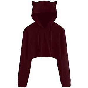 Vrouwen Kat Hoodie met Oren Trui Sweatshirts Hoody Trekkoord Blouse Tops Leuke Truien Sweatshirt Leuke Kat Oor Trui Blootgesteld Navel Pullover Casual Lange Mouw Crop Top Mooie Hoodie voor Womens, B-rood, M