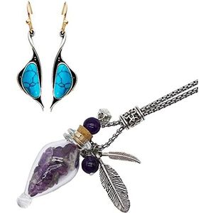 Soulnioi Healing Crystal Amethyst Aromatherapie etherische olie fles hanger ketting met roestvrij staal bladeren en Turquoise Drop Oorbellen