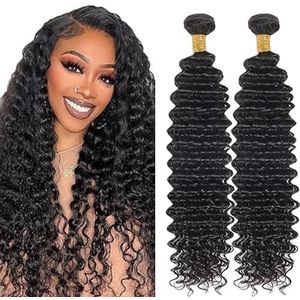 Lakaisa Deep Wave Human Hair Bundles Sew in Hair Natural Black Real Hair Extensions 2 Bundles 100% Unprocessed Brazilian Virgin Hair No Smell for Woman 20 20 Inch