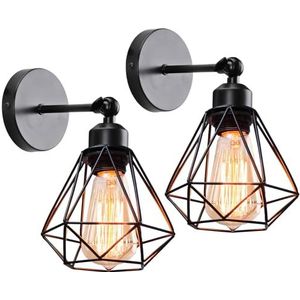 iDEGU Set van 2 industriële wandlampen, plafondlamp, Edison-stijl, metaal, retro, met 180 graden rotatie (zwart - kooi 16 cm)