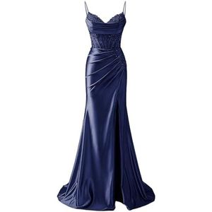 YIANN Satijnen baljurk met spaghettibandjes voor dames, met split, kant, applicatie, zeemeermin, lange baljurk, formele jurk, Donkerblauw, 32