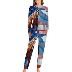 Paard Bald Eagle Amerikaanse vlag zachte damespyjama lange mouwen warme pasvorm pyjama loungewear sets met zakken 5XL