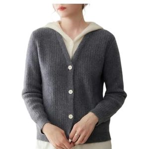 Dames Imitatie Tweedelige Capuchonvest, Winterse Kasjmiermix Gestreepte Textuurtrui Met Knopen(Dark Grey,XL)