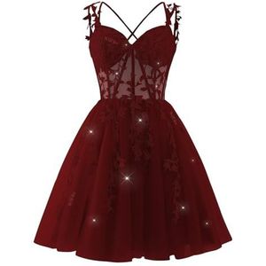 YIANN Kant Applique Tule Homecoming Jurken voor Tieners V-hals Backless Knielengte Cocktail Jurk Feestjurk, Bordeaux, 32
