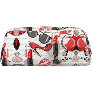 Cosmetische Lippenstift Parfum Art Printing School Lederen Rits Fontein Balpen Rollerball Pennen Pouch Potloden Case Houder voor Pupil, Zilver, Eén maat, Make-Up Pouch