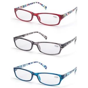 LANLANG 3-pack leesbrillen voor dames, blauwlichtfilter in 3 modieuze kleuren, veerscharnier, anti-oogvermoeidheid, +1.50 dioptrieën