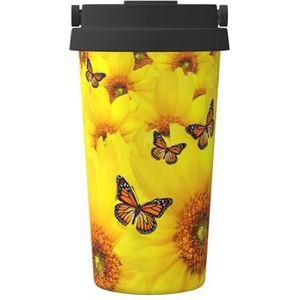 FRGMNT Gele bloemen vlinders print thermische koffiemok, reizen geïsoleerde deksel roestvrij stalen beker voor thuiskantoor buiten