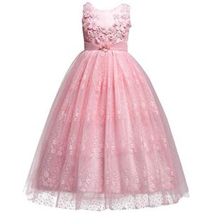 WOCINL Mouwloze jurk met bloemenkant en tule voor meisjes, prinsessenjurk, verjaardag, feest, Kerstmis, communie, bruiloft, avond, dansjurk, roze, 11-12 jaar