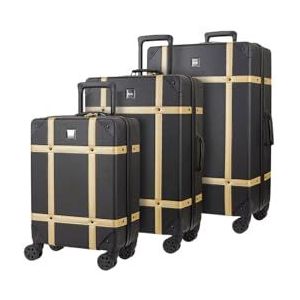 Bagage Koffer Reistas Carry On Hand Cabin Check in Hard-Shell 4 Spinner Wielen Trolley Set | Vintage, Zwart Goud, Set of 3 (S+M+L), Koffer