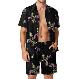 Fleur-de-lis Hawaiiaanse bijpassende set met edelstenen en goud, 2-delige outfits, overhemden en shorts met knopen voor strandvakantie
