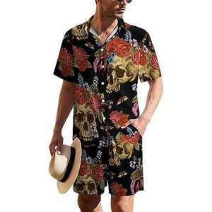 Skull And Flowers Day of the Dead Hawaiiaanse pak voor heren, set van 2 stuks, strandoutfit, shirt en korte broek, bijpassende set