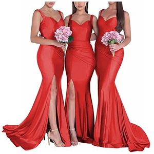 Vrouwen V-hals zeemeermin bruidsmeisje jurken lange spleet ruched prom jurk satijn spaghetti riemen formele avond feest jurk 2022