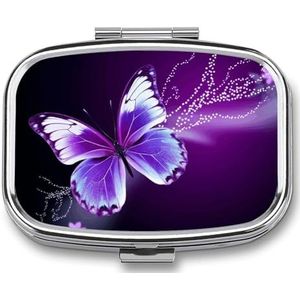 Mooie paarse vlinder pillenetui met 2 compartimenten, pillenorganizer, draagbare vierkante pillendoos, vitaminepillenorganizer voor zakportemonnee en reizen
