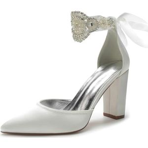 HFWXYSA Dames Puntige Neus Bruids Pumps Chunky Blok Hoge Hakken Jurk Feest Trouwschoenen Strass Enkelbandje Hof Schoenen,ivoor,38 EU