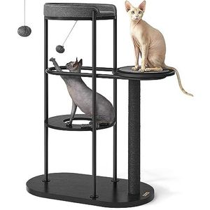 Feandrea Krabpaal PCT117B01 Moderne kattenboom, metalen buizen, met kussen en platform, sisalstam, kattenspeelbal, 80 x 43 x 111 cm, voor kleine, grote, oude kat, klassiek zwart