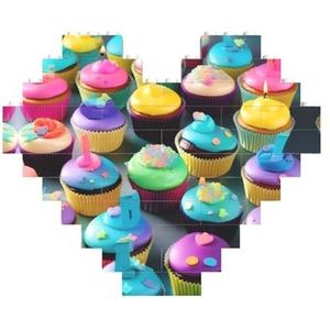 Kleurrijke Happy Birthday Cupcakes Jigsaw Puzzle-Hartvormige Bouwstenen Puzzel-Leuk En Stress-Verlichtend Puzzel Spel