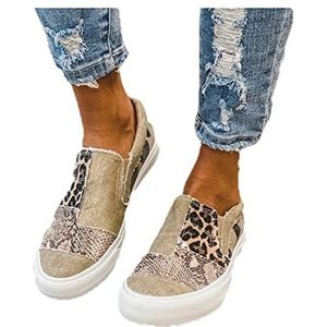 Platform Mode Sneakers for Dames Leopard Design Casual Low Top Canvas Schoenen Trendy Chunky Bottom Heels Slip On Flats Driving Walking Shoes for Ladies (Color : A, Size : 37 EU)
