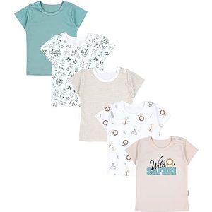 TupTam Baby Uniseks T-shirt Set van 5, Dieren safari bladeren salie beige strepen, 104