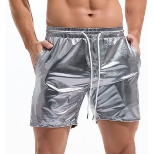 Amy Coulee Metalen shorts voor heren, glanzend, nachtclub, disco, party, glanzende korte broek, zilver, L