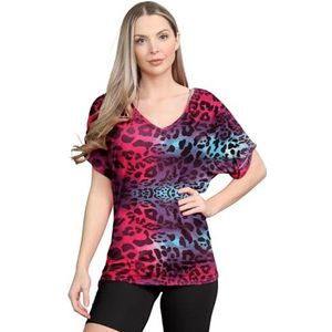 Hamishkane Nieuwe Dames Gedrukt Plain Turn Up Korte Mouw Baggy Losse Fit V-hals T-shirt Top, Neon Luipaard, 38-40