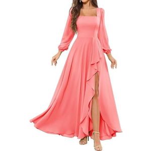 HPPEE Bruidsmeisjesjurken met lange mouwen en split ruches vierkante hals chiffon formele avondjurk, Koraal, 32
