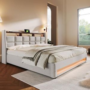 Aunvla Gestoffeerd bed met USB 180x200cm, LED tweepersoonsbed met lattenbodem van metalen frame, bedframe van linnen materiaal jeugdbed (zonder matras)