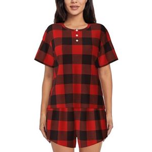 Plaid Rode En Zwarte Print Vrouwen Zomer Zachte Tweedelige Bijpassende Outfits Korte Mouw Pyjama Lounge Pyjama Sets, Zwart, 3XL