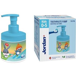 Jordan Tandpastapomp voor kinderen, tandpasta op pompdispenser komt overeen met 3 gewone buizen, innovatieve en praktische oplossing, aardbei, 0-5 jaar, 500 ppm, 150 ml