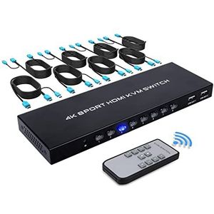 TCNEWCL 4K HDMI KVM Switch 8 Port, KVM-schakelaar 8 in 1 out voor 8 computers aandelen toetsenbord, muis, printer en 1 HD-monitor, met afstandsbediening en 8 USB + HDMI 2-in-1 kabel