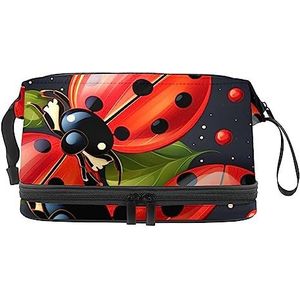 Dubbele Laag Cosmetische Tas Lieveheersbeestjes Roze Draagbare Make-up Tas Reizen Organizer Pouch voor Vrouwen Meisjes Toiletartikelen Tassen, Multi 2, 27x15x14 cm/10.6x5.9x5.5 in, Make-up zakje