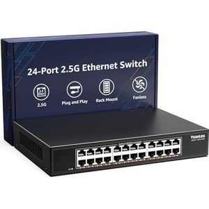 YuanLey 24-Poorts 2.5G Ethernet Switch, Onbeheerde Multi-Gigabit Switch met 24×2.5G RJ45-poorten, 120Gbps Switchingcapaciteit, Ventilatorloos Metalen Ontwerp, Desktop/Rackmontage voor NAS, PC & WiFi 6